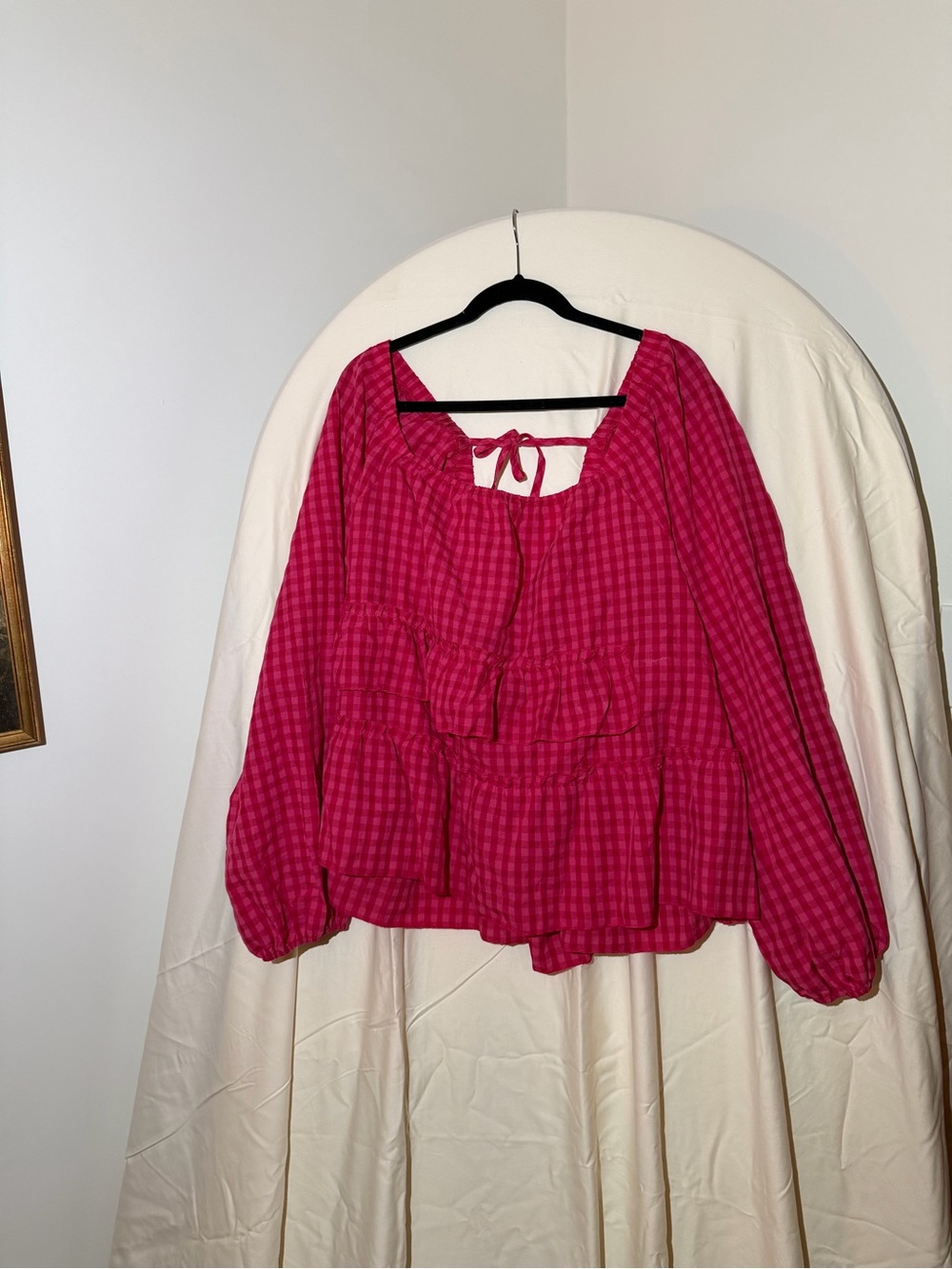 SHEIN Hot Pink Plaid Tie-Front Peasant Blouse